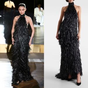 NWT LaQuan Smith Mock-Neck Halter Fringe Gown Size L $4375